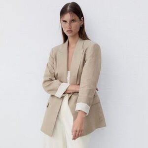 Zara Light Tan Linen Women's Oversized Blazer Size M